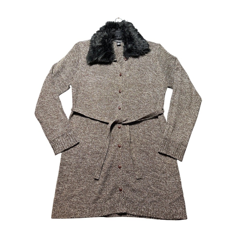 Argee Faux Fur Trim Cardigan Women L Brown Belted Longline Marl Knit